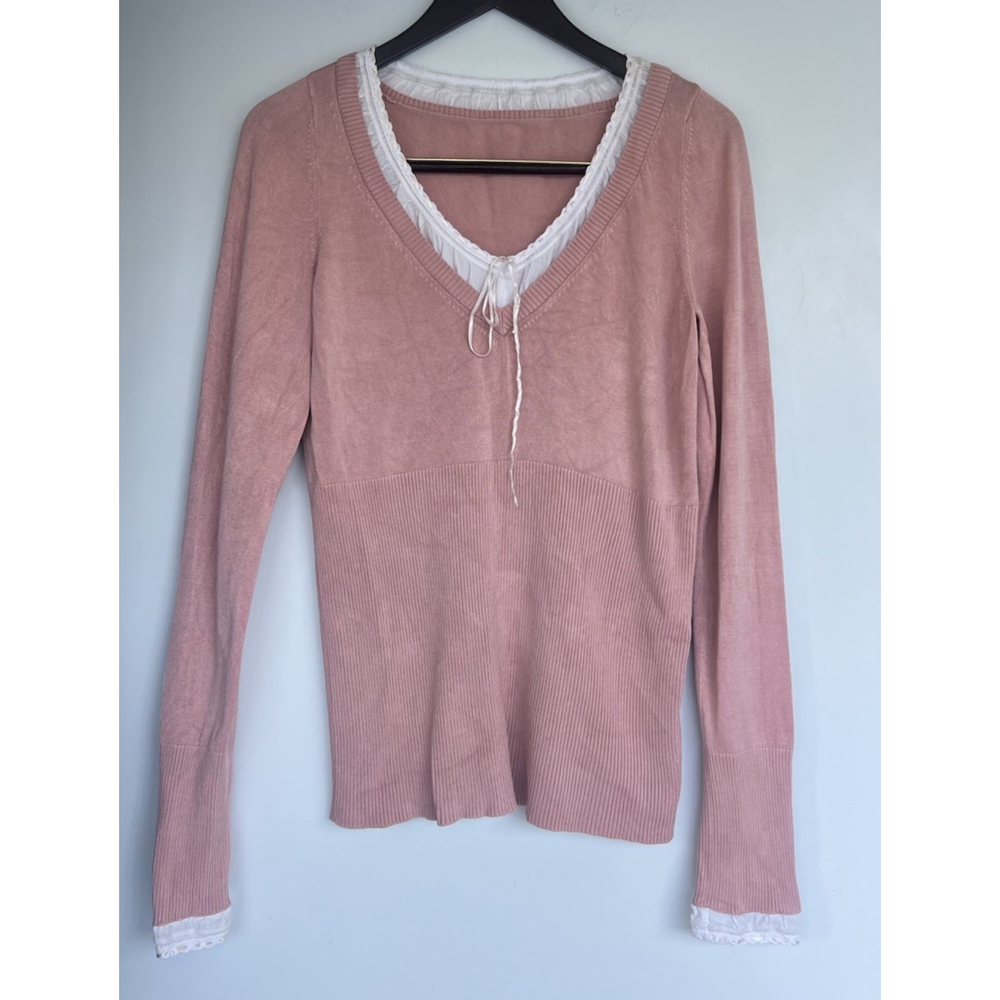 Pink Long Sleeve Sweater Top Coquette Dainty V Neck Medium Romantic Feminine